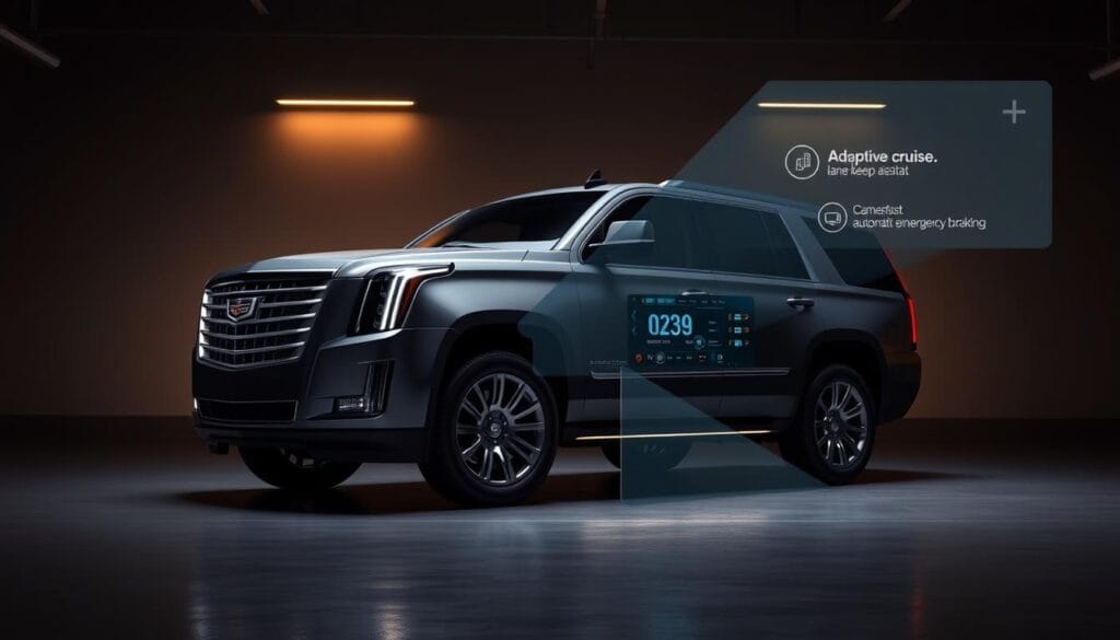 A Cadillac Escalade rests on a dimly lit garage floor, its sleek silhouette illuminated by a warm, soft light. The vehicle's advanced safety features are prominently displayed, with sensors and cameras visible on the front grille and body panels. The dashboard is shown in a detailed, high-resolution rendering, showcasing the Escalade's state-of-the-art driver assistance technologies, including adaptive cruise control, lane keep assist, and automatic emergency braking. The scene conveys a sense of sophistication and cutting-edge design, reflecting the Escalade's position as a premium SUV with a focus on safety and technology.