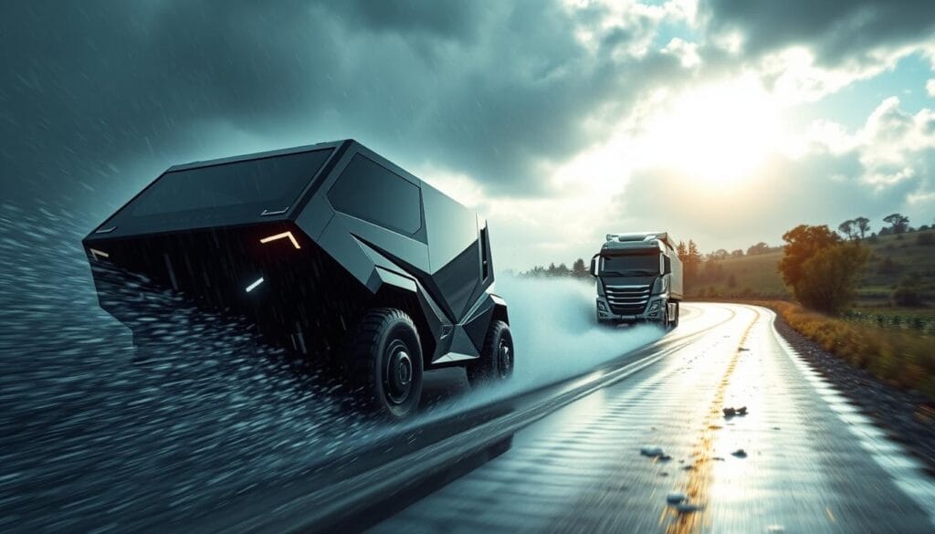 A Cybertruck navigating through varying weather conditions. In the foreground, the angular, futuristic silhouette of the vehicle powers through a heavy rainstorm, water cascading off its sleek, metallic body. The middle ground reveals a snowy landscape, the Cybertruck cutting through the blanket of white, its headlights piercing the blizzard. In the background, sunlight breaks through the clouds, casting a warm glow on the Cybertruck as it cruises down a winding country road, surrounded by lush greenery. The scene conveys the Cybertruck's robust performance and versatility, tackling diverse environmental challenges with ease. Captured through a wide-angle lens, the image showcases the vehicle's imposing presence and the drama of the shifting weather.