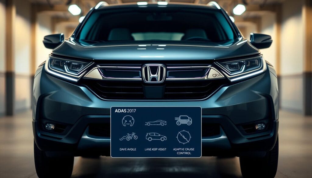 A Honda CR-V Hybrid SUV parked in a well-lit, modern garage. The vehicle's front is in focus, showcasing its advanced safety features, including ADAS sensors, LED headlights, and a sleek, aerodynamic design. The mid-ground features a digital display demonstrating key driver assistance technologies like collision avoidance, lane keep assist, and adaptive cruise control. The background is blurred, creating a sense of depth and emphasis on the car's safety innovations. The lighting is warm and natural, evoking a sense of sophistication and technology. The overall mood is one of safety, efficiency, and cutting-edge automotive engineering.