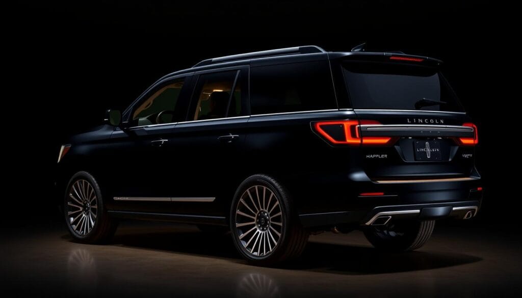 A Lincoln Navigator Black Label in a sleek, midnight-black exterior, its bold lines and sculpted form illuminated by dramatic studio lighting. The interior features a curated selection of premium materials, from supple leather upholstery to polished wood accents, creating a refined, luxurious ambiance. Customizable ambient lighting casts a warm glow, allowing the driver to tailor the mood to their preference. The vehicle's advanced technology is seamlessly integrated, offering a range of personalization options to match the owner's lifestyle and personality.