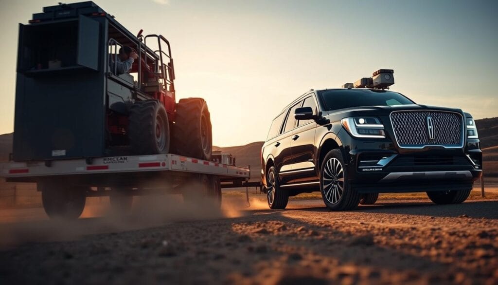 A Lincoln Navigator SUV towing a large trailer loaded with heavy equipment, shot from a low angle with a wide-angle lens to emphasize the vehicle's impressive size and power. The scene is set in a rural landscape, with rolling hills and a clear sky in the background. The Navigator's chrome grille and LED headlights glint in the warm, golden evening light, while the trailer's wheels churn up a cloud of dust as it rolls along the dirt road. The overall mood is one of capability, strength, and the practical, real-world applications of the Lincoln Navigator's towing capacity.