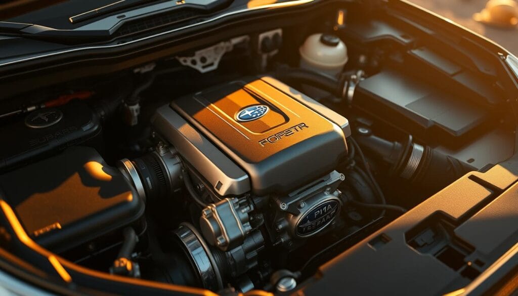 A close-up shot of the powerful engine of a 2024 Subaru Forester Wilderness, showcasing its robust, rugged design. The engine bay is illuminated by warm, directional lighting, casting dramatic shadows that highlight the intricate details of the turbocharged boxer engine. The metallic components glisten, conveying a sense of precision engineering and high-performance capabilities. The surrounding environment is slightly blurred, placing the focus squarely on the engine's impressive form and function, embodying the Forester Wilderness's off-road prowess and exceptional powertrain.