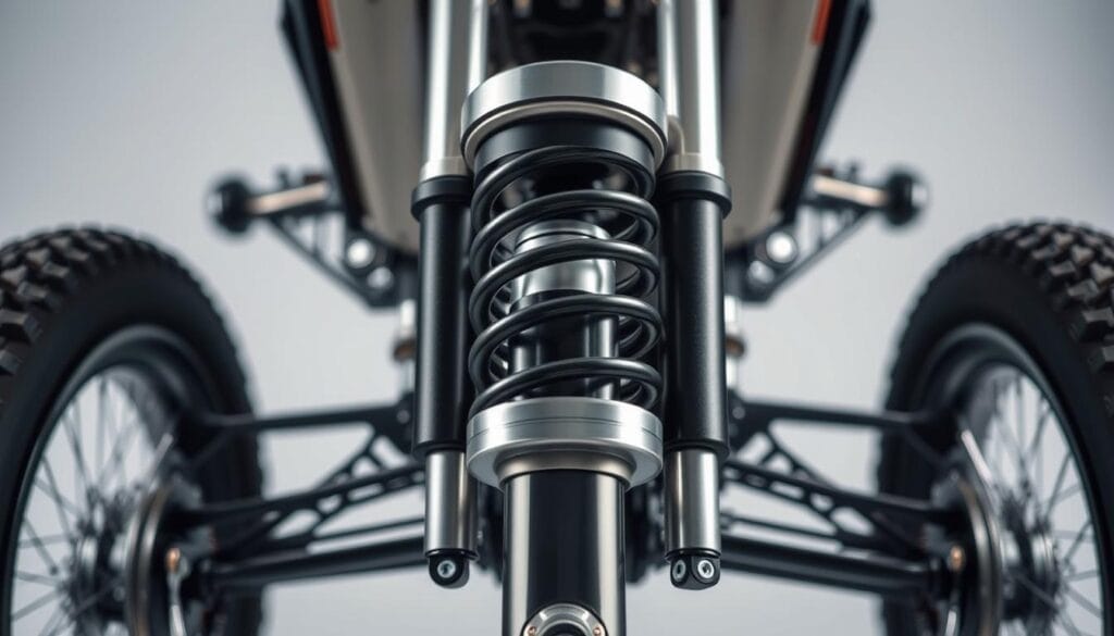 A close-up view of a high-performance Fox Shocks suspension system, highlighting its advanced shock absorber technology. The foreground features the shock body, piston, and damping mechanism in intricate detail, showcasing the engineering behind the smooth, responsive ride. The middle ground depicts the suspension linkage and mounting points, emphasizing the sturdy, durable construction. The background is a clean, minimalist setting, allowing the technical components to take center stage. Crisp lighting from multiple angles accentuates the metallic finishes and the precision machining. The overall tone conveys a sense of power, refinement, and the engineering excellence required for off-road performance.
