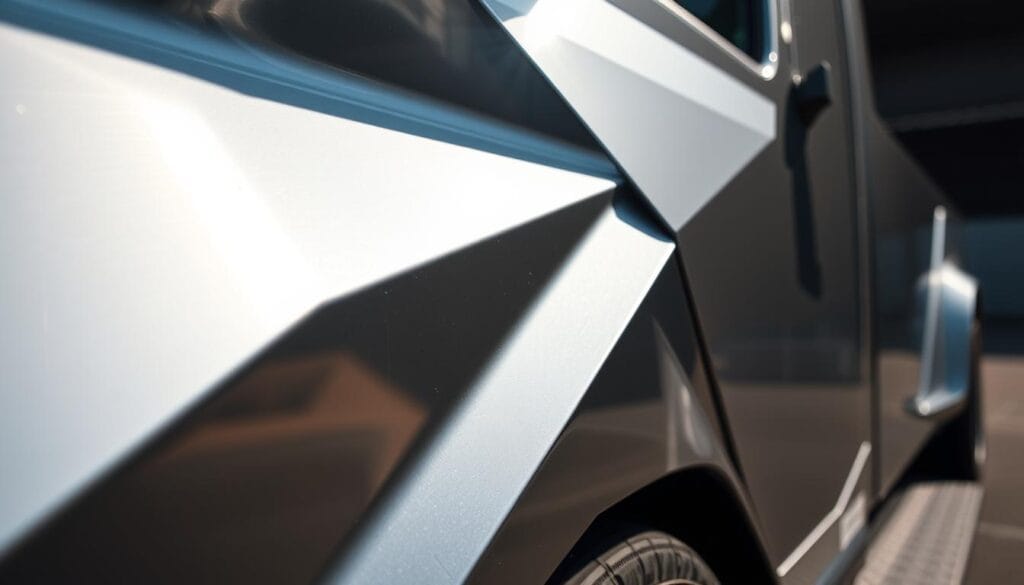 A close-up view of the Cybertruck's stainless steel body, showcasing its remarkable corrosion resistance. The surface appears pristine, with a high-gloss finish that reflects the surrounding environment. Dramatic lighting casts sharp shadows, emphasizing the angular, futuristic design. The frame is slightly tilted, providing a dynamic perspective that highlights the vehicle's unique, angular panels. The background is blurred, keeping the focus on the Cybertruck's resilient, weathered-proof construction. This image conveys the exceptional durability and rust-prevention capabilities of the Cybertruck's revolutionary stainless steel design.