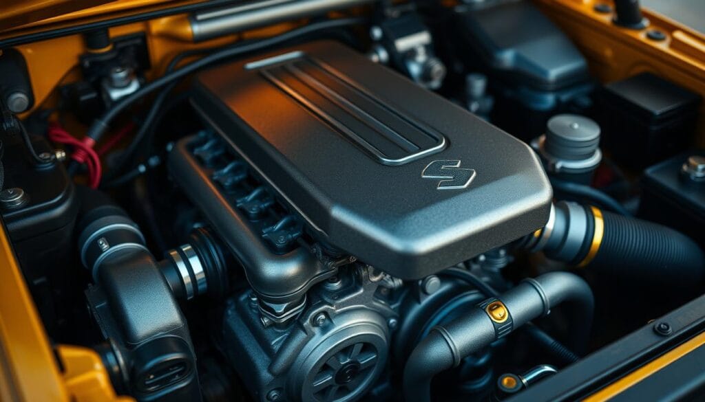 A close-up view of the Suzuki Jimny's engine bay, showcasing its compact and robust 1.5-liter four-cylinder engine. The engine is depicted in crisp detail, with a warm, soft lighting that highlights its intricate components and mechanical precision. The engine block is painted in a sleek, metallic gray, complemented by the shiny chrome accents of the valve covers and other accessories. The background is slightly blurred, drawing the viewer's attention to the engine's performance-oriented design and engineering. The overall atmosphere conveys a sense of power, reliability, and the rugged, off-road capabilities that define the Suzuki Jimny's character.