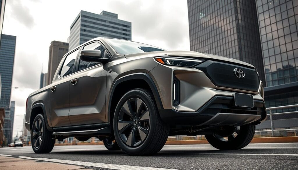 A commercial electric pickup truck with hub motor technology, parked in a modern urban setting. The truck's sleek, aerodynamic body is finished in a muted metallic tone, complemented by subtle accent lines. Its front wheels feature prominent in-wheel motors, showcasing the innovative hub motor design. The truck is positioned on a city street, with towering skyscrapers and a cloudy, atmospheric sky in the background, conveying a sense of technological progress and the future of commercial transportation. Soft, directional lighting illuminates the scene, creating depth and highlighting the truck's bold, futuristic silhouette.