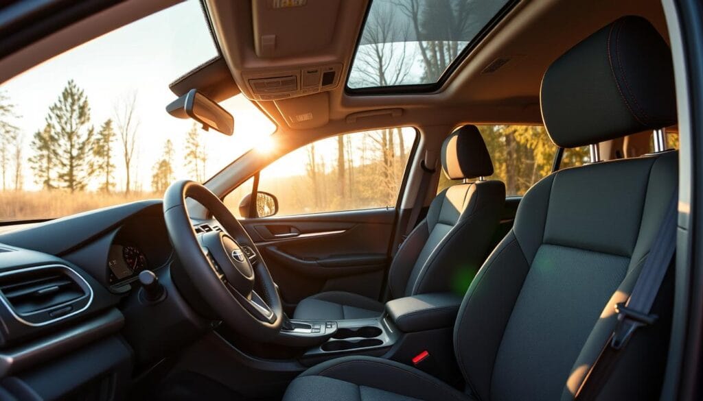 A cozy and durable Subaru Forester Wilderness interior, bathed in warm, natural lighting from large windows. The spacious cabin features rugged, high-quality materials like soft-touch plastics, brushed aluminum trim, and water-resistant upholstery. Sturdy, ergonomic seats provide excellent comfort and support, perfect for long off-road adventures. The dashboard showcases a large, easy-to-use infotainment display and intuitive controls. Subtle design accents like contrast stitching and rubberized surfaces add a touch of rugged refinement. The overall atmosphere exudes a blend of adventure-readiness and relaxed functionality.