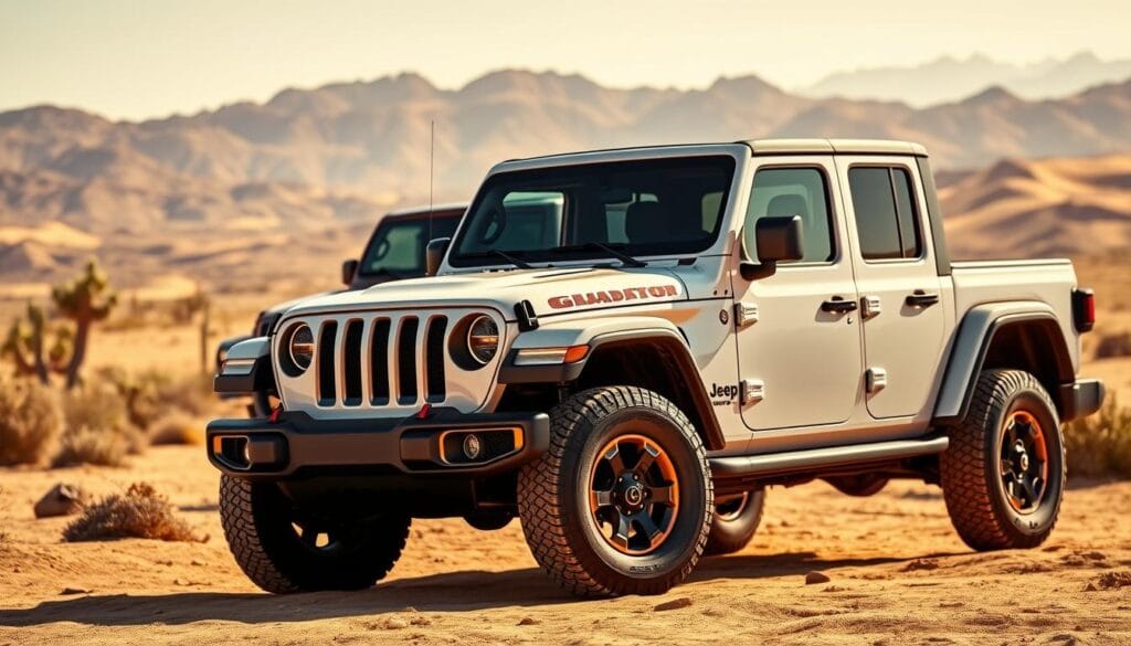 A dazzling Jeep Gladiator Mojave model in the foreground, its rugged yet sleek silhouette bathed in warm desert light. In the middle ground, an older Mojave model from a previous year, showcasing the model's evolution over time. The background features a vast, sun-drenched landscape of the Mojave Desert, with its iconic cacti and rolling dunes. The scene conveys a sense of adventure and exploration, inviting the viewer to discover the Mojave's allure through the Gladiator's capable performance. The image is captured with a wide-angle lens, emphasizing the scale and grandeur of the setting, while the lighting and angles highlight the Gladiator's bold and distinctive design.