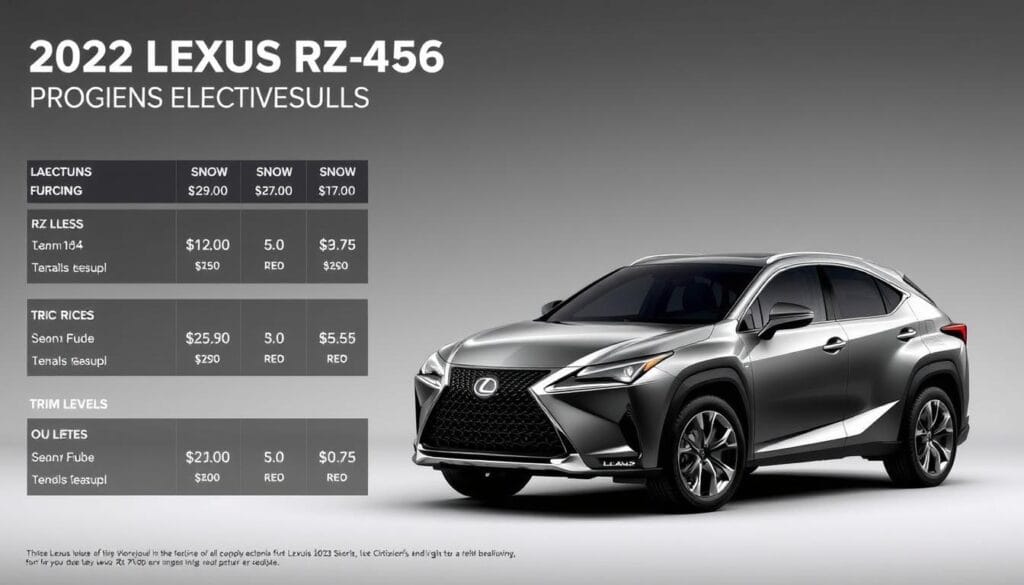 A detailed breakdown of the 2023 Lexus RZ 450e electric SUV pricing, showcased in a sleek, professionally-rendered infographic. The foreground features a clean, minimalist layout with key pricing details and trim levels neatly organized. The middle ground depicts the RZ 450e model in a well-lit, high-resolution 3D render, highlighting its bold, sophisticated design. The background is a muted, gradient-based color scheme that complements the overall aesthetic. The lighting is soft and diffused, creating a sense of depth and sophistication. The entire composition conveys a premium, high-quality look befitting the Lexus brand and the RZ 450e's position in the luxury electric SUV market.