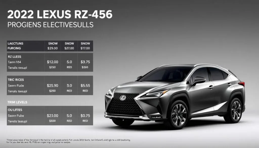 A detailed breakdown of the 2023 Lexus RZ 450e electric SUV pricing, showcased in a sleek, professionally-rendered infographic. The foreground features a clean, minimalist layout with key pricing details and trim levels neatly organized. The middle ground depicts the RZ 450e model in a well-lit, high-resolution 3D render, highlighting its bold, sophisticated design. The background is a muted, gradient-based color scheme that complements the overall aesthetic. The lighting is soft and diffused, creating a sense of depth and sophistication. The entire composition conveys a premium, high-quality look befitting the Lexus brand and the RZ 450e's position in the luxury electric SUV market.