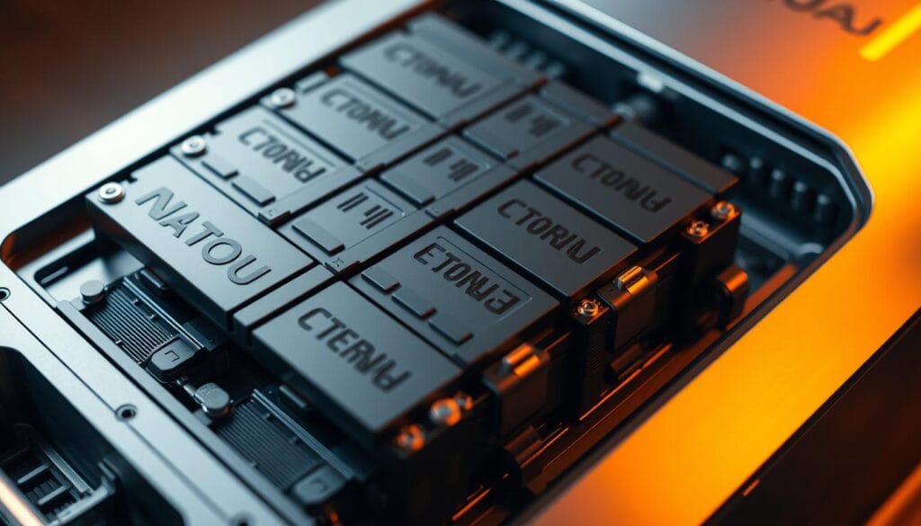 A detailed, close-up view of the NIO ET5 lithium-ion battery pack, showcasing its advanced engineering and modular design. The battery cells are neatly arranged in a sleek, metallic casing, with a clean, minimalist aesthetic. Intricate circuitry and cooling systems are visible, highlighting the sophisticated technology that powers the vehicle. The scene is illuminated by warm, diffused lighting, creating a sense of depth and highlighting the battery's intricate components. The angle is slightly elevated, providing a comprehensive overview of the battery's structure and highlighting its compact, efficient form factor.