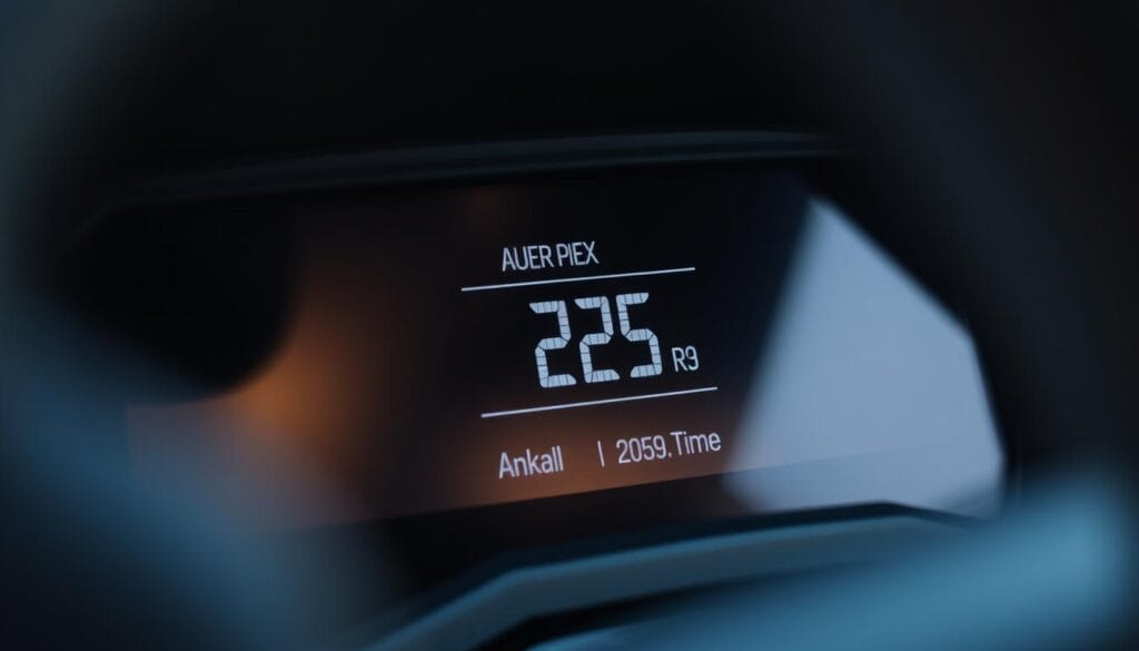 A detailed, close-up view of the fuel efficiency display in the dashboard of a Renault Arkana, showcasing its real-time and average fuel economy statistics. The lighting is bright and natural, creating a sense of clarity and precision. The camera angle is slightly angled to highlight the digital readout, drawing the viewer's attention to the key information. The background is blurred, keeping the focus on the vehicle's interior and the fuel economy data. The overall mood is one of informative utility, emphasizing the practical and economical aspects of the Arkana's performance.