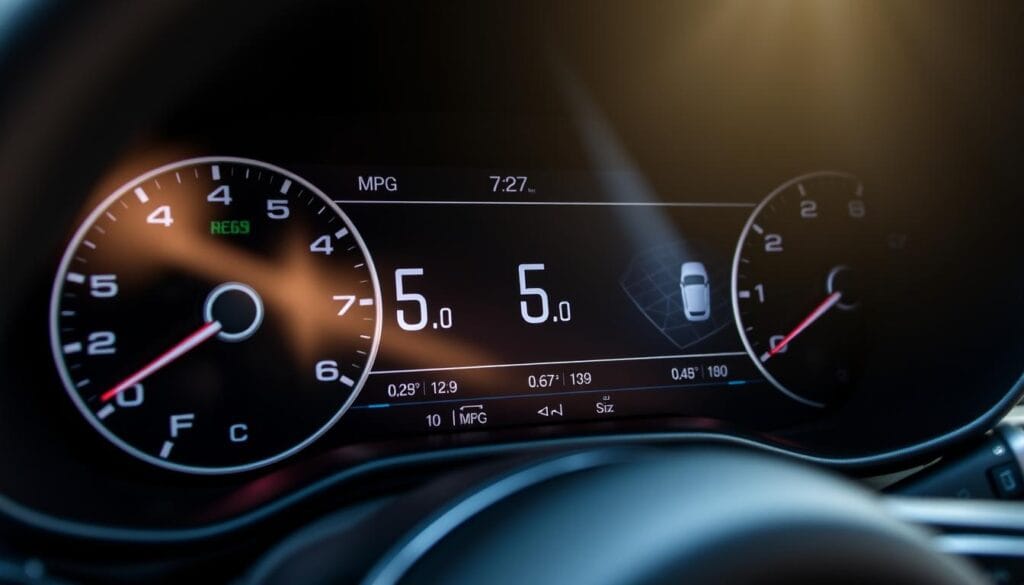 A detailed close-up view of the fuel efficiency display on the dashboard of an Alfa Romeo Stelvio Quadrifoglio, showcasing the current miles per gallon (MPG) reading and efficiency-focused driving metrics. The display is well-lit, with a sharp focus and natural lighting that highlights the sleek, high-quality design of the instrument panel. The background is slightly blurred, placing emphasis on the fuel efficiency information. The overall atmosphere conveys a sense of precision and performance, reflecting the Stelvio Quadrifoglio's sporty character and the importance of its fuel economy.