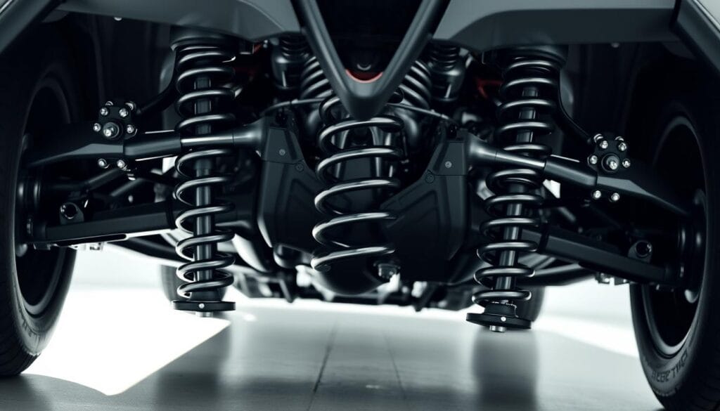 A detailed close-up view of the suspension system of an Alfa Romeo Stelvio Quadrifoglio, showcasing its intricate design and engineering. The foreground features the front suspension components, including the double-wishbone setup, coil springs, and shock absorbers, all precisely engineered for optimal handling and control. The middle ground highlights the complex geometry of the suspension linkages, conveying a sense of mechanical sophistication. In the background, the powerful Quadrifoglio engine is partially visible, hinting at the performance capabilities of this high-performance SUV. The lighting is clean and directional, casting shadows that emphasize the three-dimensional structure of the suspension system. The overall mood is one of technical precision and engineering excellence.