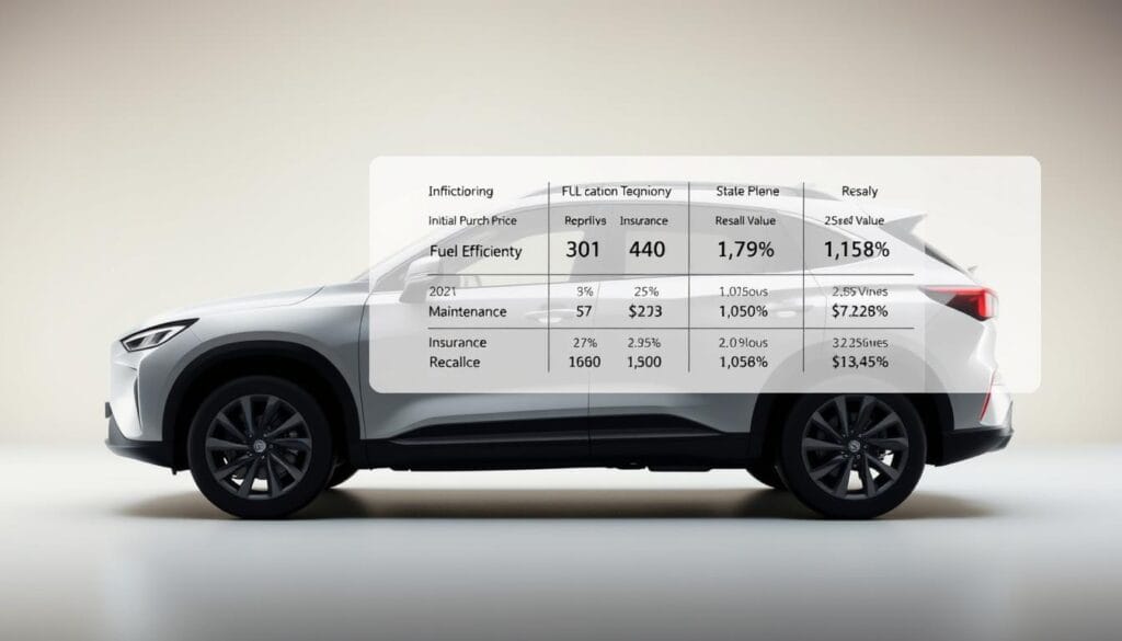 A detailed cost analysis of a modern hybrid SUV, shown against a clean, minimalist background. In the foreground, a side profile of the vehicle with carefully modeled exterior features, conveying a sense of sleek design. The middle ground displays a breakdown of the key cost components - initial purchase price, fuel efficiency, maintenance, insurance, and resale value - presented in a clear, data-rich infographic layout. The background is a softly lit, muted gradient that draws focus to the central information. The overall mood is one of informed, objective analysis, with a subtle touch of automotive elegance.