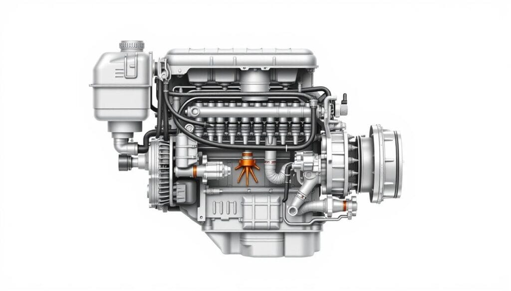 A detailed cross-section of a Niva 1.7L gasoline engine's fuel system, showcased in a precise technical illustration. The intricate components, including the fuel tank, fuel pump, fuel lines, fuel injectors, and the throttle body, are depicted with meticulous accuracy and fine detailing, capturing the system's inner workings. The image is rendered with a clean, minimalist aesthetic, utilizing a neutral color palette and sharp contrasts to emphasize the mechanical details. Subtle shadows and highlights create depth and dimensionality, guiding the viewer's eye through the various subsystems. The overall composition is balanced and symmetrical, presenting the fuel system in a clear, organized manner to facilitate understanding of its functionality and operation.