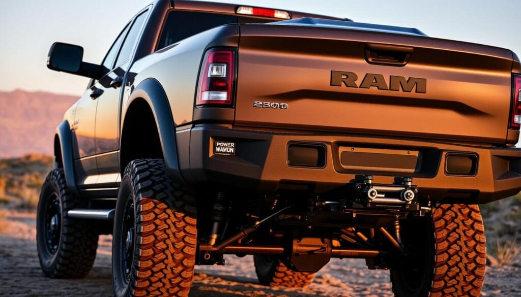 A detailed exterior view of a RAM 2500 Power Wagon, captured in golden hour lighting. The rugged, muscular body stands tall, adorned with bold bodywork and off-road-ready features. The front features a prominent grille, with a winch and LED lighting integrated into the bumper. Sturdy fender flares and side steps provide protection and utility. The rear shows the Power Wagon badging and a large tow hitch, hinting at its impressive capability. The overall composition emphasizes the vehicle's purpose-built design for tackling the most challenging off-road environments.