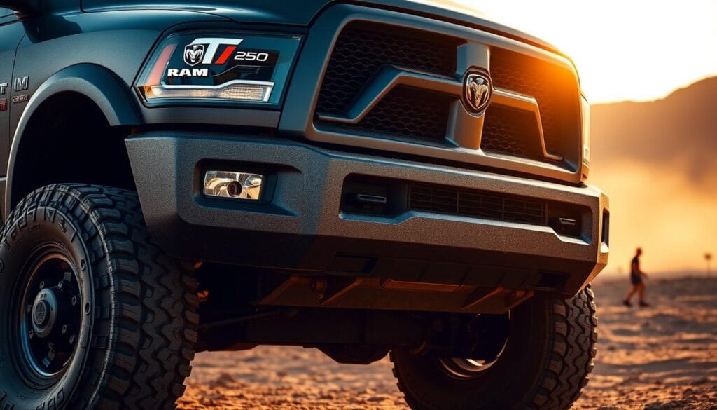 A detailed exterior view of a RAM 2500 Power Wagon, illuminated by warm, natural lighting. The vehicle is captured from a low, three-quarter angle, showcasing its muscular, off-road-ready design. The prominent front grille, rugged bumpers, and raised suspension convey a sense of capability and toughness. The textured matte paint finish, complemented by bold graphics and trim accents, add visual interest. In the background, a dusty, mountainous landscape sets the scene for the Power Wagon's intended adventures. The image captures the heavy-duty, adventure-focused essence of this iconic truck.