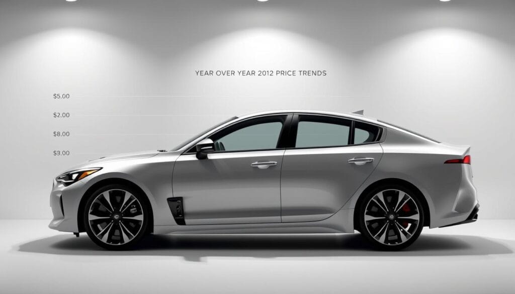 A detailed graph depicting the year-over-year price trends of the Kia Stinger GT2, a luxury sport sedan. The scene is set against a minimalist background, with a smooth, muted color palette to allow the data visualization to take center stage. The graph utilizes clean, modern lines and typography to convey the pricing information clearly and concisely. The perspective is slightly elevated, giving an authoritative and professional feel to the image. Subtle lighting from the top left casts a soft, directional glow, highlighting the key data points and creating a sense of depth and dimensionality. The overall mood is one of analytical precision and visual clarity, perfectly suited to illustrate the "Year-Over-Year Price Trends" section of the article on the Kia Stinger GT2's luxury sport sedan costs.