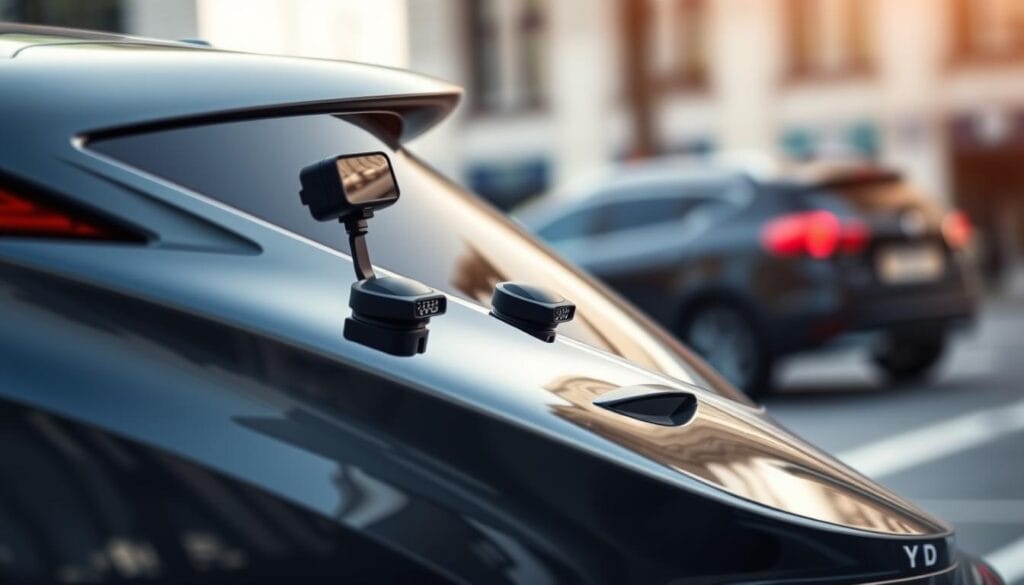 A detailed, high-quality close-up shot of the safety features on the exterior of a BYD Seagull electric car, captured in natural daylight with a shallow depth of field. The foreground showcases the modern, aerodynamic body design with sleek lines and gentle curves. In the middle ground, the focus is on the intelligent sensor array, including cameras, radar, and lidar units, seamlessly integrated into the vehicle's elegant silhouette. The background gently blurs out to reveal a clean, urban setting, emphasizing the Seagull's suitability for city driving. The overall mood is one of advanced technology, safety, and sophistication, in keeping with the car's positioning as an affordable, eco-friendly EV.