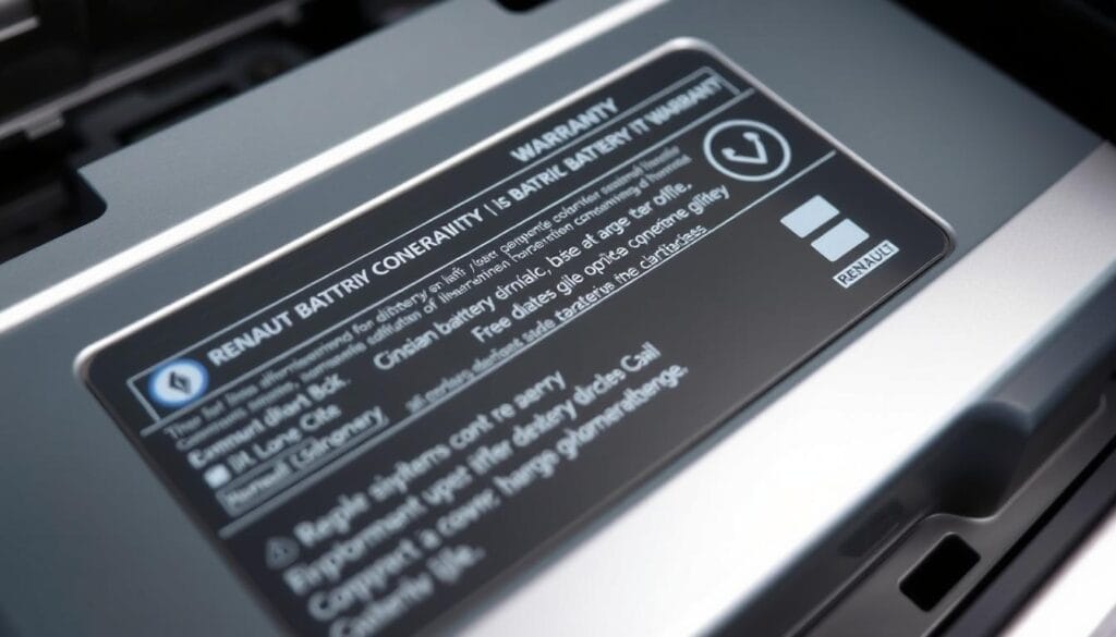 A detailed, high-resolution close-up image of the Renault Zoe electric vehicle's battery pack, showcasing the warranty information and coverage details. The shot is taken from a slight low angle, emphasizing the size and technical complexity of the battery unit. The metallic housing of the battery is clearly visible, with a clean, well-lit appearance that highlights the sleek, modern design. The image has a technical, informative tone, with a focus on presenting the warranty specifics in a clear, legible manner, without any distracting elements. The lighting is soft and even, creating a professional, authoritative atmosphere suitable for an article on battery life and warranty coverage.