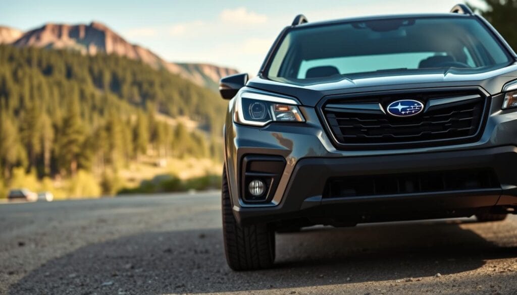 A detailed, high-resolution image of the 2024 Subaru Forester Wilderness showcasing its advanced safety features. In the foreground, the front of the rugged SUV is prominently displayed, with its distinctive grille, LED headlights, and protective skid plates. The middle ground captures the vehicle's side profile, highlighting the flared wheel arches, all-terrain tires, and the Wilderness-specific exterior accents. In the background, a serene mountain landscape with lush forests and a clear sky sets the scene, conveying the Forester's off-road capabilities and the safety it provides in challenging environments. The lighting is natural and evenly distributed, capturing the details and textures of the vehicle's exterior. The camera angle is slightly elevated, offering a comprehensive view of the Forester's safety-focused design.