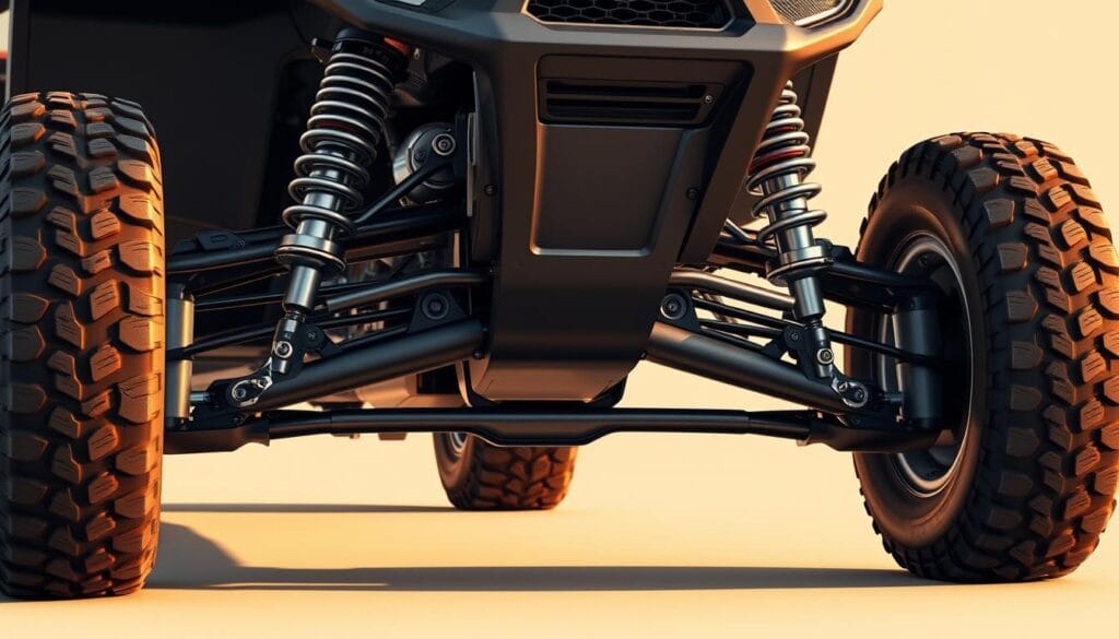 A detailed illustration of the Honda Talon's double-wishbone front suspension system. Crisp, high-resolution angle showcasing the suspension components from the side view - the upper and lower wishbones, shock absorbers, and steering linkage. Warm, natural lighting illuminates the metallic surfaces, highlighting the intricate engineering. The scene is set against a clean, muted background, allowing the suspension details to be the focal point. Precise, technical rendering with a sense of mechanical elegance to convey the Talon's off-road capability and performance.