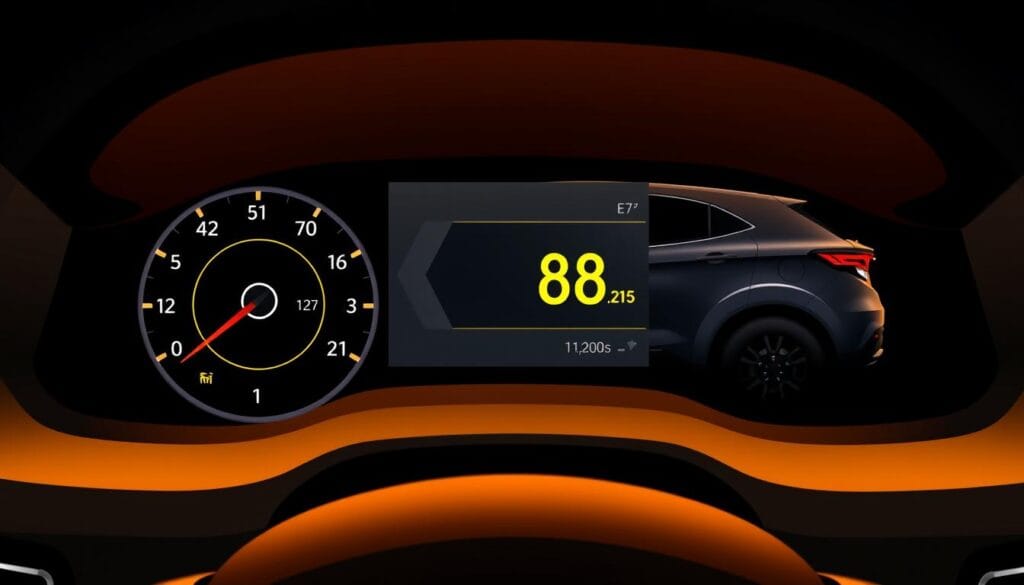 A detailed illustration of the monthly fuel expenses for a Mahindra XUV700 SUV. A clean, minimalist dashboard display shows the vehicle's odometer, fuel gauge, and fuel consumption metrics. The display is bathed in warm, indirect lighting, creating a sense of precision and technology. In the background, a sleek, angular profile of the XUV700 is visible, emphasizing its bold, modern design. The overall composition conveys a data-driven, analytical approach to understanding the real-world fuel economy of this popular Indian SUV.