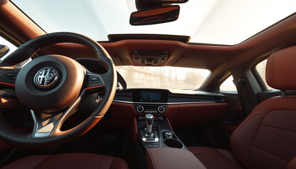 A detailed interior shot of an Alfa Romeo Stelvio Quadrifoglio, showcasing the premium materials and trim options. The camera is positioned at eye level, capturing a clear view of the driver's seat and dashboard. The scene is bathed in warm, natural lighting, accentuating the rich textures and finishes. The foreground features a close-up of the leather-wrapped steering wheel, with intricate stitching and the iconic Alfa Romeo badge prominently displayed. The middle ground reveals the sleek, carbon fiber trim accents on the center console and door panels, complementing the perforated, sporty-styled leather seats. In the background, the panoramic sunroof allows soft, diffused light to fill the cabin, creating a luxurious and inviting atmosphere.