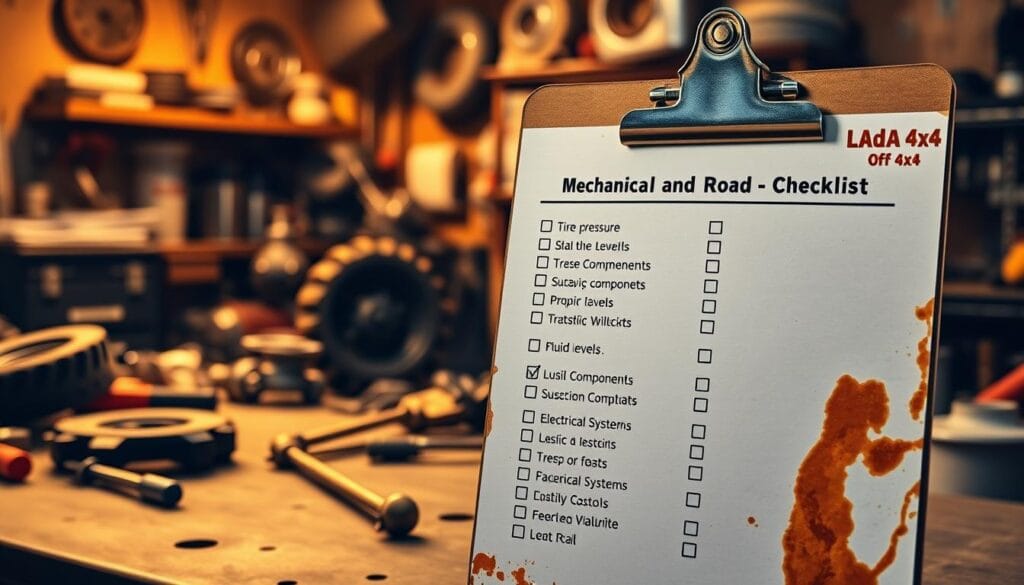 A detailed mechanical checklist for a rugged Lada 4x4 off-road vehicle. The checklist is displayed on a worn, grease-stained clipboard against a backdrop of a well-equipped garage workshop. Warm, golden lighting casts a cozy glow, highlighting the various tools and auto parts scattered across the workbench. In the foreground, the clipboard features a comprehensive list of maintenance tasks, including tire pressure, fluid levels, suspension components, and electrical systems. The design conveys a sense of practicality and functionality, perfectly suited for the "Basic Maintenance and Safety Checks" section of the "Lada 4x4 Off-Road: Your Ultimate Adventure Guide" article.