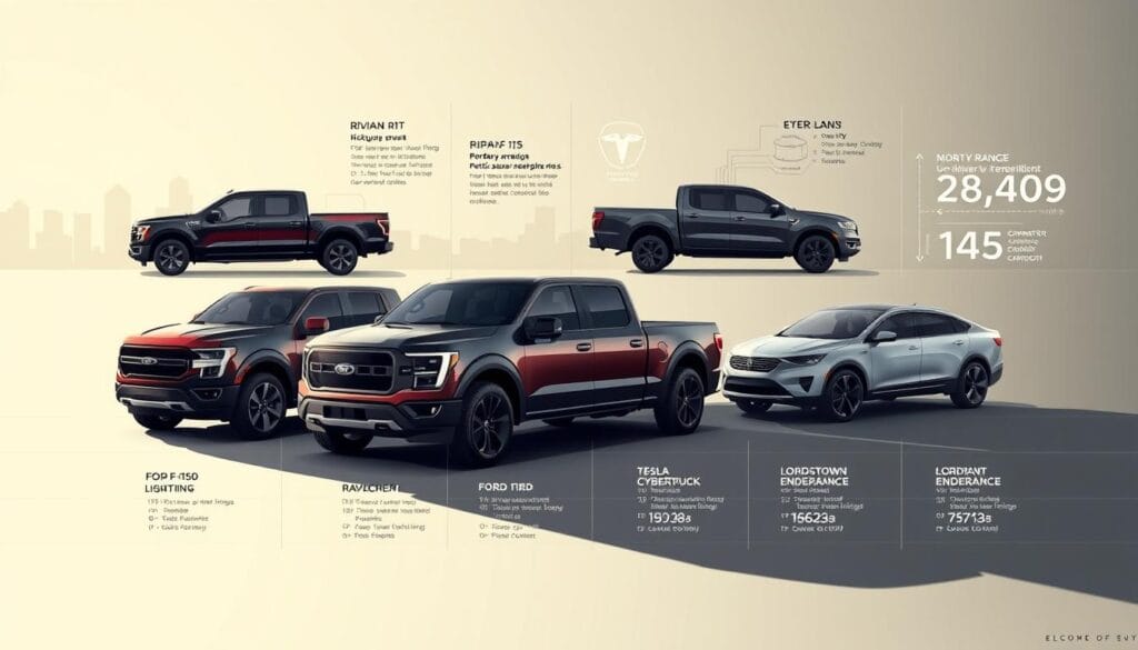 A detailed, side-by-side comparison of prominent electric pickup trucks, showcased in a dynamic, technical illustration. In the foreground, the sleek silhouettes of various models - Rivian R1T, Ford F-150 Lightning, Tesla Cybertruck, and Lordstown Endurance - stand out against a subtly-lit backdrop. Precise technical details, such as battery ranges, horsepower, and towing capacities, are presented in a clean, data-driven layout. The middle ground features subtle grid lines and technical diagrams, while the background showcases a minimalist cityscape, emphasizing the urban setting and real-world applications of these innovative vehicles. The overall mood is one of technological prowess and market competition, inviting the viewer to explore the evolving landscape of the electric pickup truck segment.