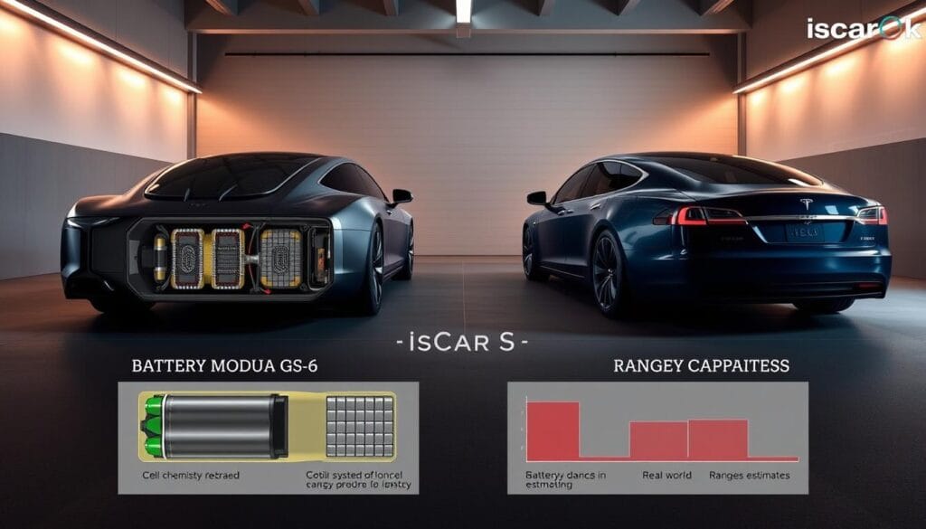 A detailed side-by-side comparison of the battery technology and range capabilities of two luxurious electric vehicles, the Karma GS-6 and the Tesla Model S. The scene depicts the vehicles parked in a sleek, modern garage setting, their profiles illuminated by warm, directional lighting. In the foreground, cross-sectional diagrams showcase the internal battery module designs, highlighting differences in cell chemistry, cooling systems, and energy density. In the middle ground, battery capacity and real-world range estimates are displayed in a clear, infographic-style layout. The background features a subtle gradient, complementing the IsCarOk branding and conveying a sense of technical sophistication.