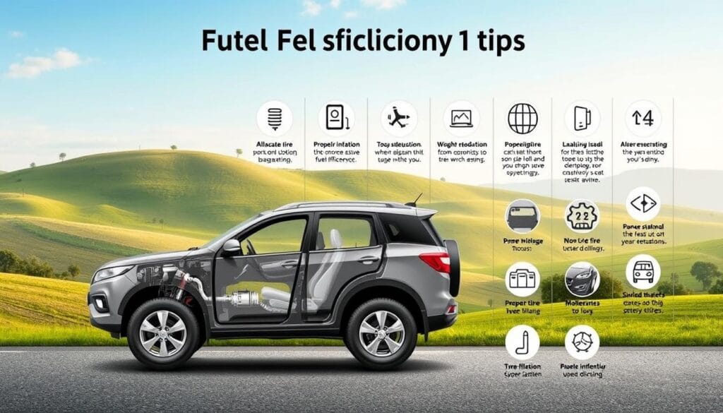 A detailed, technical illustration of key fuel efficiency tips for the Mahindra XUV700 SUV. In the foreground, a cutaway diagram showcases the vehicle's powertrain components, highlighting areas like the engine, transmission, and drivetrain where optimizations can improve mileage. In the middle ground, a series of icons and infographics display tips such as proper tire inflation, weight reduction, and driving techniques. The background features a realistic, photorealistic landscape scene with rolling hills, trees, and a clear sky, placing the XUV700 in a relatable real-world context. Rendered in a clean, technical style with a focus on practical, actionable advice to help XUV700 owners maximize their fuel economy.