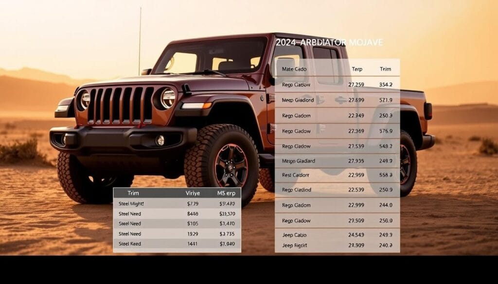 A detailed view of the 2024 Jeep Gladiator Mojave, showcasing its trim levels and pricing. The Gladiator stands in a desert landscape, its rugged exterior and off-road-focused design highlighted by warm, golden lighting. In the foreground, a clear pricing chart displays the various trim options and their corresponding MSRPs, allowing the viewer to explore the Mojave's value proposition. The mid-ground features the Gladiator's distinctive features, such as its steel bumpers, fog lights, and large all-terrain tires, conveying its capability. The background subtly fades into a hazy desert horizon, setting the scene for this desert-rated pickup's impressive presence and performance.