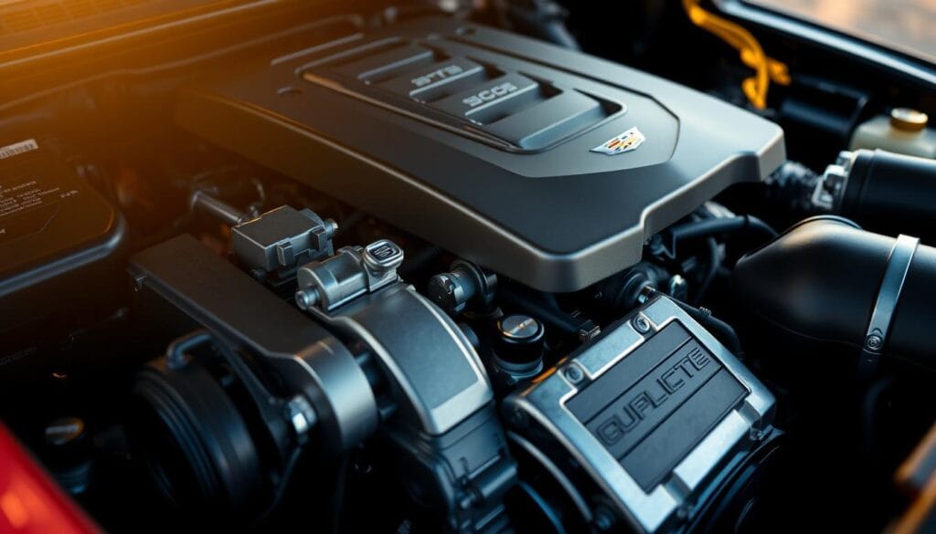 A detailed, well-lit close-up view of a Cadillac Escalade V8 engine, emphasizing its intricate components and fuel efficiency features. The engine is captured from a slight side angle, allowing for a clear view of the fuel injection system, air intake manifold, and other key elements. The lighting is warm and natural, casting subtle shadows that accentuate the engine's mechanical details. The background is blurred, maintaining the focus on the engine's precise engineering and design. The overall mood conveys a sense of power, efficiency, and luxury, reflecting the Escalade's performance capabilities and premium positioning.