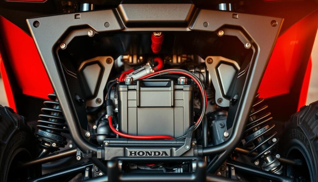 A detailed, well-lit image of a Honda Talon off-road utility vehicle with the battery compartment open, revealing the battery and its connections. The image is shot from a low angle, highlighting the rugged, powerful design of the Talon. The battery is the focal point, with the surrounding engine components and frame visible in the background, providing context. The lighting is a combination of natural daylight and strategically placed studio lighting, creating warm, even illumination that accentuates the Talon's metallic finishes. The mood is one of focused, technical attention, conveying the importance of proper battery maintenance for keeping the Talon in top condition.