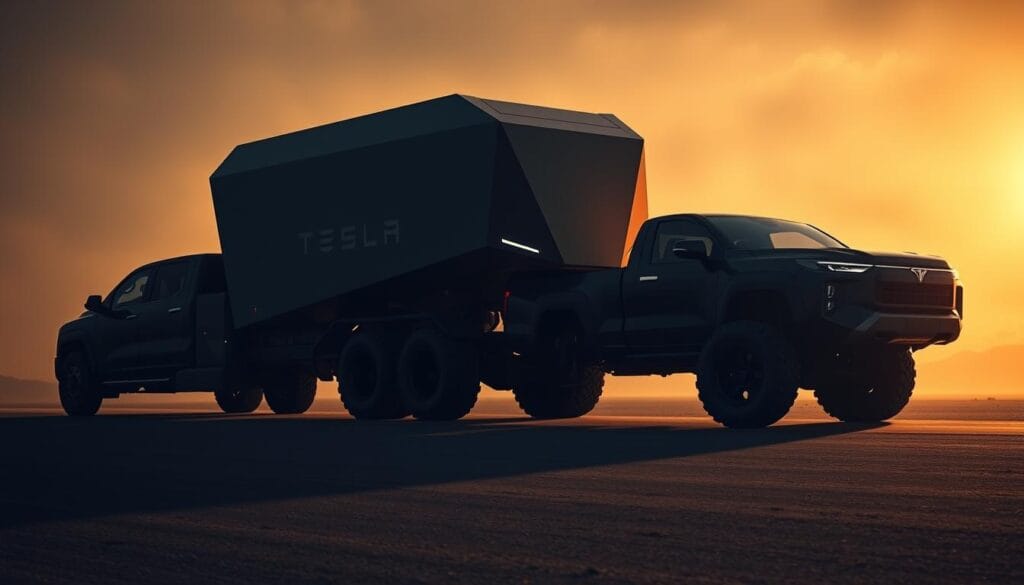 A dramatic, high-contrast scene of the Tesla Cybertruck towing a traditional pickup truck, showcasing its impressive hauling power. The Cybertruck dominates the frame, its angular, futuristic silhouette casting long shadows in dramatic lighting. In the foreground, the towed truck appears dwarfed, emphasizing the Cybertruck's raw strength. The background is hazy, drawing the viewer's attention to the central towing comparison. The image is captured with a wide-angle lens, accentuating the sense of scale and power. An ominous, industrial atmosphere permeates the scene, reflecting the Cybertruck's bold engineering and capability.