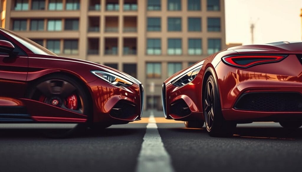 A dynamic head-to-head comparison of the Alfa Romeo Stelvio Quadrifoglio against its high-performance SUV rivals. Sleek, low-angle perspectives showcase the Stelvio's muscular stance and precision engineering, with the background blurred to focus attention on the vehicles. Warm lighting casts dramatic shadows, highlighting the cars' sculpted contours and conveying a sense of power and confidence. The scene is staged in an urban setting, hinting at the Stelvio's capabilities for both racetrack and city driving. Crisp details, like the iconic Quadrifoglio cloverleaf badge, invite the viewer to scrutinize the Stelvio's unique styling and premium materials. An immersive, aspirational depiction of automotive excellence.