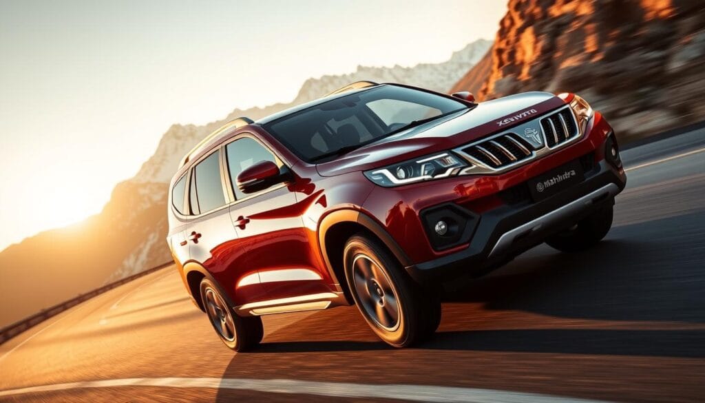 A dynamic, high-performance Mahindra XUV700 SUV glides effortlessly along a winding mountain road, its powerful engine roaring with athleticism. The vehicle's chiseled exterior gleams under the warm, golden light of the setting sun, casting dramatic shadows that accentuate its bold, muscular lines. The driver's hands grip the steering wheel with confidence, navigating the sharp turns with precision and control. In the background, rugged, snow-capped peaks rise majestically, creating a breathtaking natural backdrop. The scene conveys a sense of adventure, power, and the thrill of driving this premium SUV through challenging terrain.