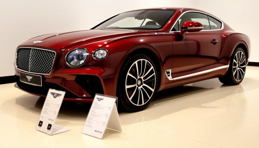 A finely crafted Bentley Continental GT luxury grand tourer, elegantly positioned in a sleek showroom setting. The deep, lustrous paint gleams under warm, directional lighting, highlighting the vehicle's sculpted bodylines and distinctive grille. In the foreground, a discreet price tag display presents the available pricing and configuration options, conveying a sense of exclusivity and high-end craftsmanship. The background features a clean, minimalist environment, allowing the car to be the focal point and emphasizing its status as a desirable, premium automobile.