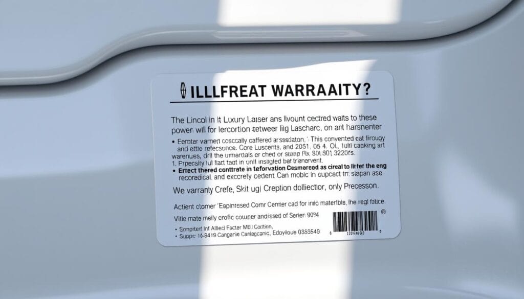 A finely detailed close-up render of a Lincoln Luxury SUV's warranty information panel, displayed in a clear and legible manner. The panel is illuminated by soft, natural lighting, casting subtle shadows to enhance the three-dimensional textures of the materials. The background is a clean, minimalist white, allowing the warranty details to be the sole focus. The camera angle is slightly elevated, providing an optimal viewing perspective of the information. The overall mood is one of professionalism and attention to detail, conveying the high-quality craftsmanship and attention to customer experience characteristic of the Lincoln brand.