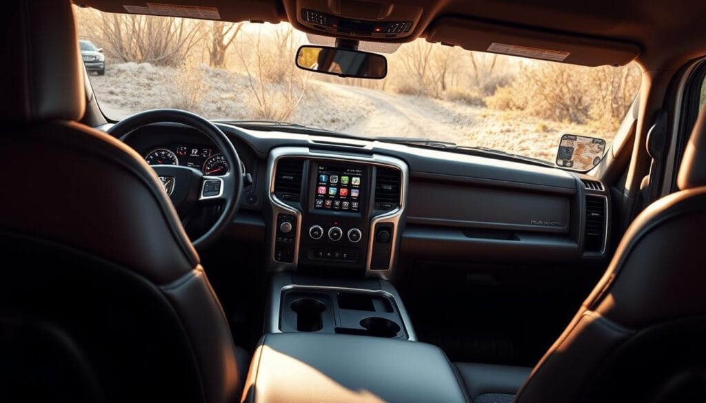 A finely detailed, high-resolution interior view of a RAM Power Wagon truck. The cabin is bathed in warm, natural lighting, accentuating the rugged yet refined aesthetic. The dashboard is a seamless integration of analog and digital controls, with a large central touchscreen display showcasing advanced infotainment and navigation features. Supple leather upholstery, brushed metal accents, and an array of off-road-specific gauges and switches create a premium, adventure-ready ambiance. The center console houses convenient storage compartments and charging ports, while the steering wheel and gear shifter convey a sense of commanding control. The overall impression is one of exceptional comfort, functionality, and technological sophistication tailored for the ultimate off-road experience.