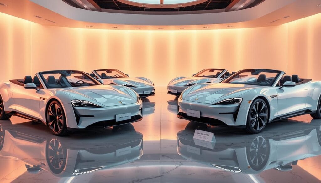 A futuristic showroom showcasing a lineup of sleek, four-door electric convertibles, bathed in warm, diffused lighting and reflected in a glossy, marble-like floor. The vehicles are arranged in a visually striking, symmetrical layout, allowing for a side-by-side pricing comparison. The convertible tops are retracted, revealing the streamlined, aerodynamic bodies and luxurious interiors. Subtle, informative pricing placards are discreetly placed near each model, inviting the viewer to explore the market positioning and value proposition of these eco-friendly, high-performance vehicles.