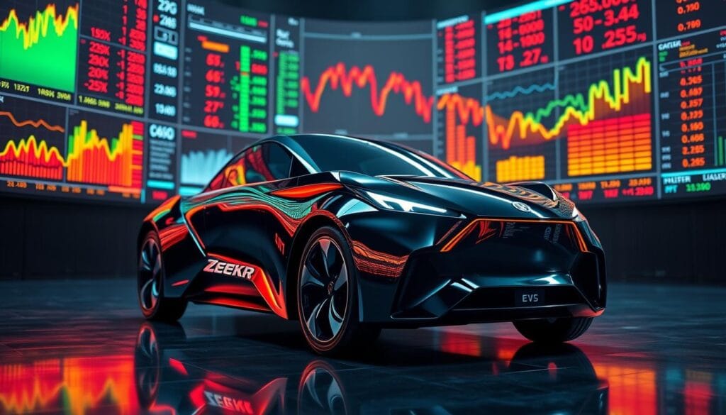 A gleaming chrome Zeekr EV sits center stage, its sleek silhouette framed by a dynamic, data-driven stock exchange backdrop. Colorful financial charts and graphs flicker across a series of high-resolution displays, casting a warm glow over the scene. Dramatic lighting accentuates the vehicle's sculpted lines, highlighting its premium, futuristic design. The camera angle is slightly elevated, lending a sense of authority and importance to the subject matter. The overall mood is one of technological innovation, financial success, and the promise of electric mobility's impact on the stock market.