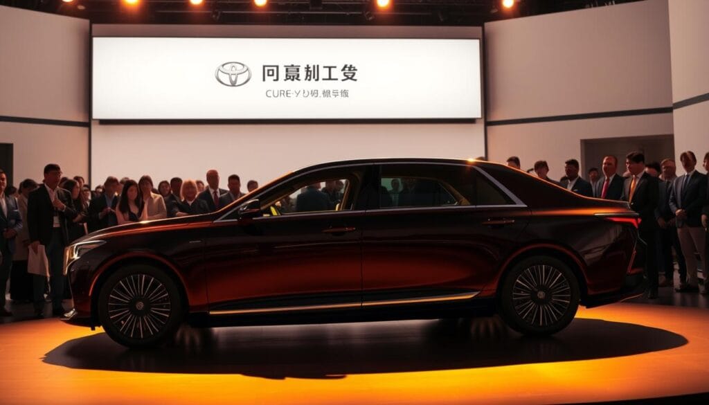 A grand event unfolds in a sleek, modern setting. In the foreground, the all-new 2025 Toyota Century takes center stage, its bold, elegant lines and imposing presence commanding attention. The luxurious sedan is bathed in warm, directional lighting, casting dramatic shadows that accentuate its sculpted bodywork. In the middle ground, a crowd of discerning onlookers gathers, their expressions a mix of fascination and anticipation as they witness the global debut of this ultra-exclusive automotive masterpiece. The background features a minimalist, high-tech stage design, with clean lines and subtle branding hinting at the car's international reach and the magnitude of this momentous launch.