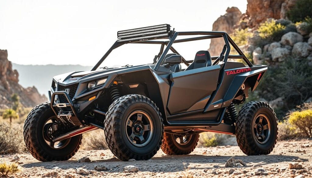 A heavily customized Honda Talon off-road vehicle standing boldly in a rugged, sun-dappled landscape. The Talon's frame is enhanced with robust roll cages, skid plates, and burly all-terrain tires, ready to tackle the toughest terrain. Powerful LED light bars illuminate the path ahead, while a winch system is primed for recovery. The vehicle's sleek, angular bodywork is finished in a bold, matte color scheme that blends seamlessly with the surroundings. Subtle decals and accents add a touch of personalization. In the background, rocky outcroppings and lush vegetation create an immersive off-road environment, conveying a sense of rugged adventure and capability.