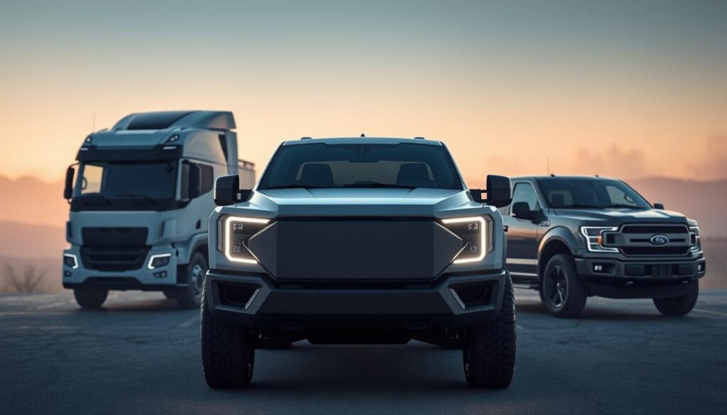 A high-angle view of the Lordstown Endurance electric truck standing in the foreground, surrounded by silhouettes of other prominent electric trucks like the Tesla Cybertruck, Rivian R1T, and Ford F-150 Lightning in the middle ground. The Endurance's bold, angular design and distinctive front grille stand out against a softly lit, atmospheric background, emphasizing its technical prowess and competitive capabilities. The image conveys a sense of scale, showcasing the Endurance's size and presence relative to its peers, while highlighting the unique design elements that set it apart in the growing electric truck market.