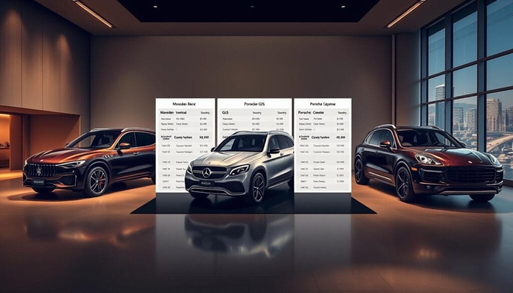 A high-end luxury SUV showroom, bathed in soft, warm lighting. In the foreground, three prestigious models - a Maserati Levante, a Mercedes-Benz GLS, and a Porsche Cayenne - are artfully arranged, their elegant lines and premium finishes gleaming. The middle ground features informative, unobtrusive price comparison charts, allowing a side-by-side analysis of the vehicles' MSRPs, optional features, and overall value propositions. The background showcases a sleek, modern architectural setting, complete with floor-to-ceiling windows offering a glimpse of a vibrant cityscape outside. The overall atmosphere exudes an air of sophistication, inviting the viewer to explore and compare these exceptional luxury SUV offerings.