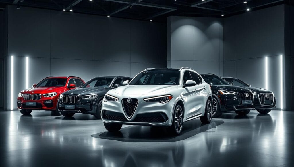 A high-end luxury SUV showroom interior, with the Alfa Romeo Stelvio Quadrifoglio prominently displayed in the foreground. The Stelvio is shown alongside its direct competitors - the Mercedes-AMG GLC, BMW X3 M, and Audi SQ5 - all lined up for a detailed price comparison. Soft, dramatic lighting illuminates the vehicles, casting long shadows and creating a sense of depth and sophistication. The background features a sleek, modern design with clean lines and polished surfaces, emphasizing the premium nature of these performance-oriented SUVs. The overall atmosphere conveys a sense of exclusivity, highlighting the elevated status and significant investment required to acquire these elite, high-performance luxury crossovers.