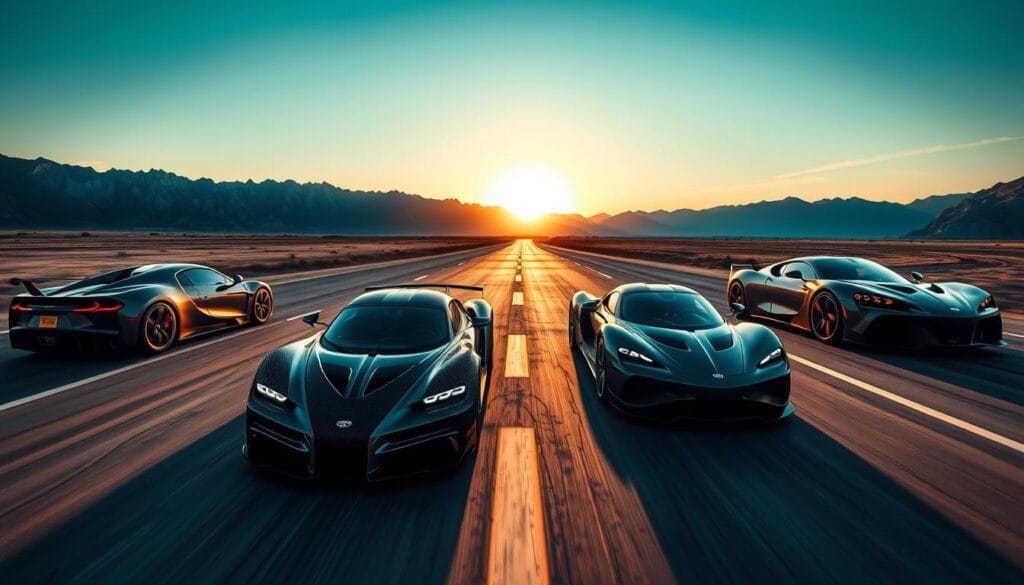 A high-octane scene of hypercars locked in a thrilling performance comparison. In the foreground, the sleek, low-slung profiles of the Hennessey Venom F5 and its rivals - the Bugatti Chiron, Koenigsegg Jesko, and Aston Martin Valkyrie - poised for an explosive drag race. Captured in dramatic lighting, the cars' sculpted carbon fiber bodies and gleaming chrome accents reflect the intensity of the moment. In the middle ground, the asphalt track winds through a stunning landscape of towering mountains and azure skies, the setting sun casting a warm glow. A sense of raw power and fierce competition permeates the scene, the audience on the edge of their seats, anticipating the ultimate display of hypercar supremacy.